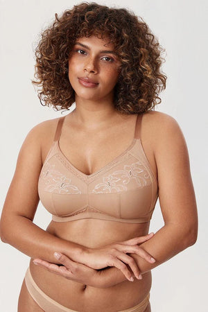 Back view of wireless full coverage bra with wide band and three-row hook-and-eye closure - MissFine