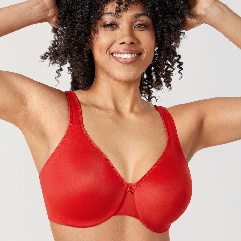 Back view of magenta minimiser bra with wide back band and multi hook-and-eye closure - MissFine