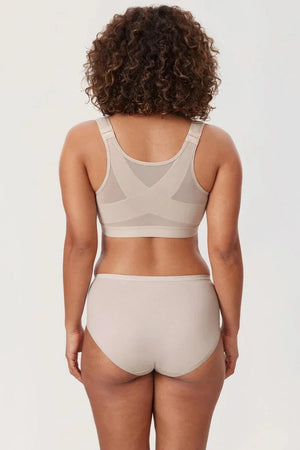 Back view of beige bra with crisscross posture support panel and wide band - MissFine