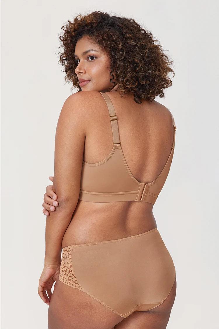 Back view of nude seamless full cup bra with hook-and-eye closure and wide band - MissFine