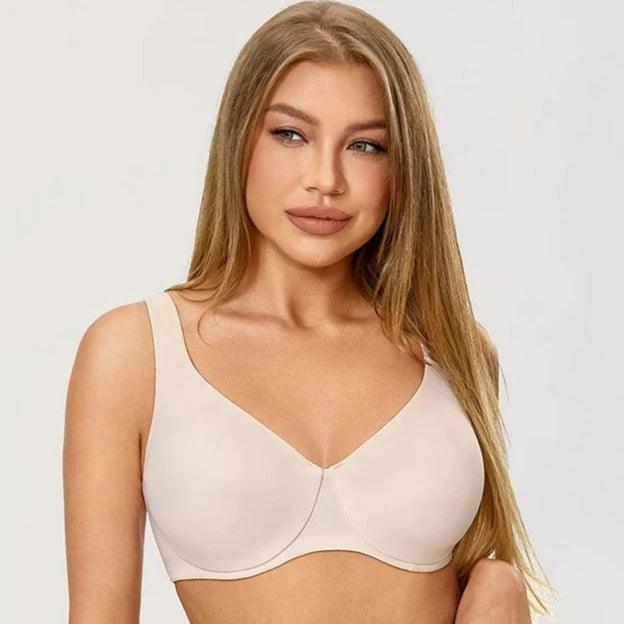 Back view of black bra with wide band and hook-and-eye closure on model - MissFine