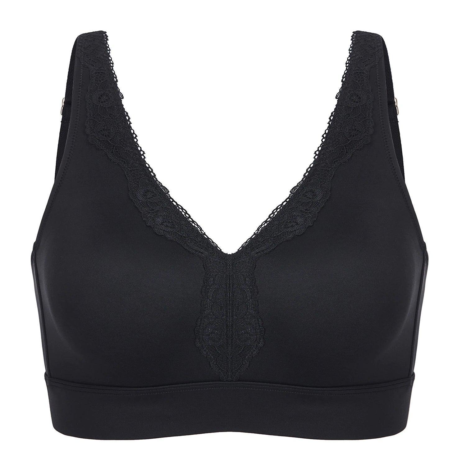 Close-up of lace trim and V-neckline on non wired full cup bra in beige - MissFine