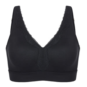 Close-up of lace trim and V-neckline on non wired full cup bra in beige - MissFine