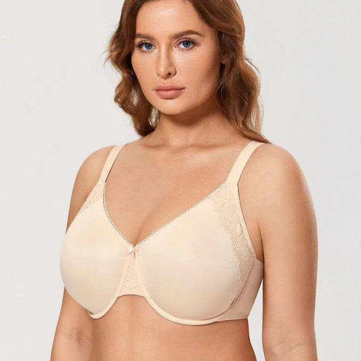 Front view of plus size black full cup underwired bra with lace neckline - MissFine