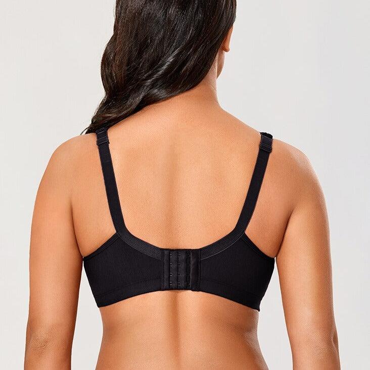 Back view of black cotton full cup bra showing wide elastic band and hook-and-eye closure - MissFine