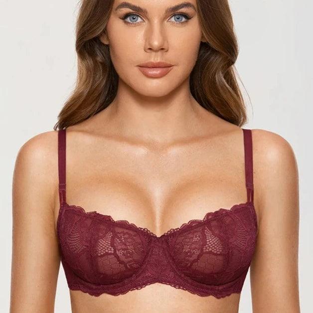 Side angle showing deep V neckline and thin adjustable straps on lace bra - MissFine