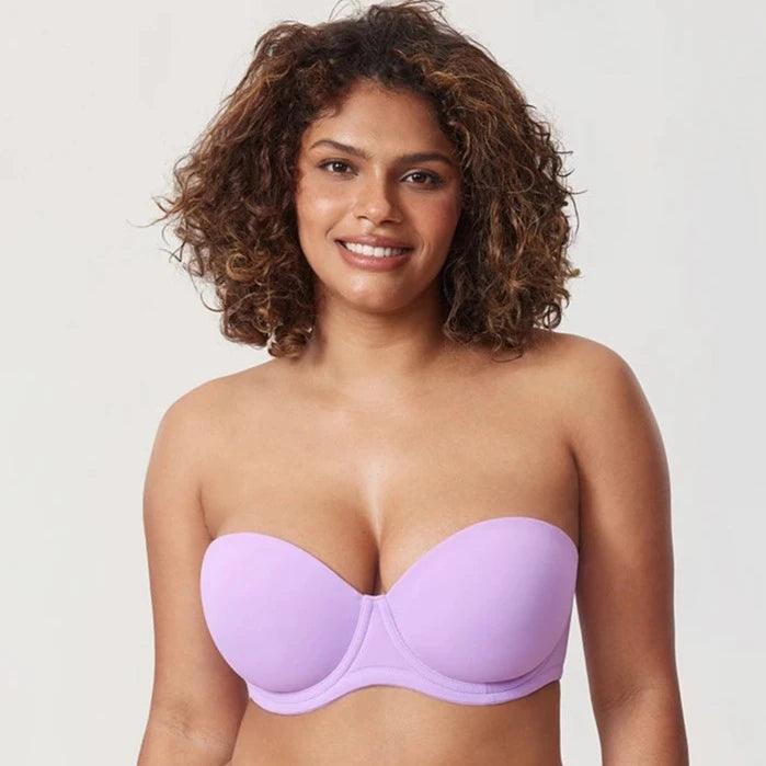 Front view of lilac full cup strapless bra with smooth moulded cups - MissFine