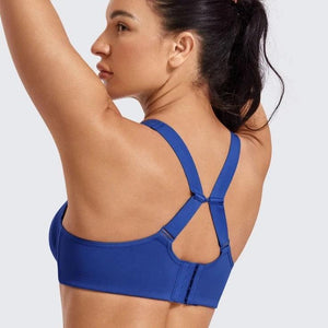 Back view of blue sports bra showing wide adjustable cross-back straps and hook-eye closure - MissFine
