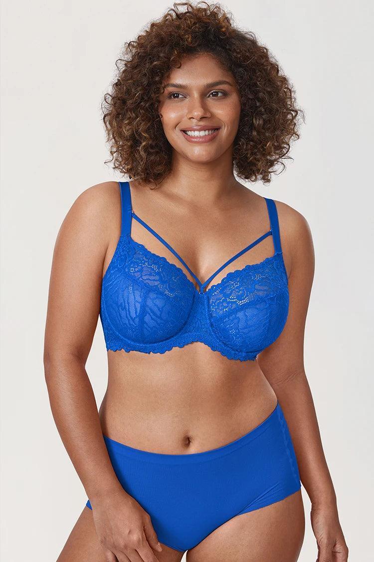 Close-up of floral lace detail on unpadded cup and decorative neckline straps - MissFine