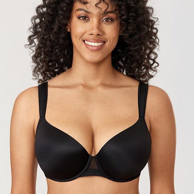 Front view of black seamless underwired bra showing deep V neckline and molded plunge cups - MissFine