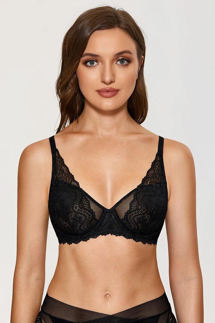 Back view of black lace plus size bra with hook-and-eye closure and adjustable straps - MissFine