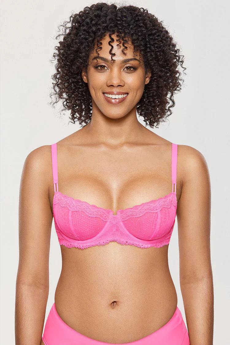 Close-up of scalloped lace and mesh dot detail on balconette bra cup and center gore - MissFine