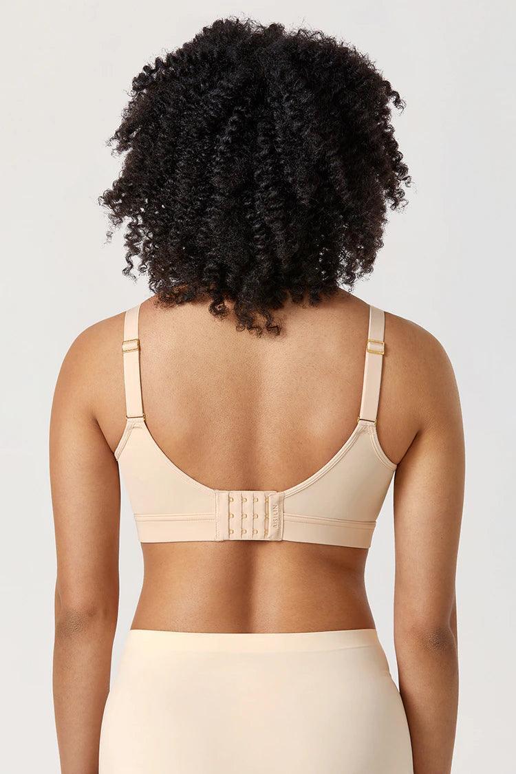 Back view of cotton bra with wide back band, multi-row hook-and-eye closure and adjustable straps - MissFine