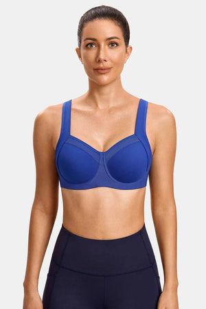 Front view of black padded sports bra with mesh neckline and full cup coverage - MissFine