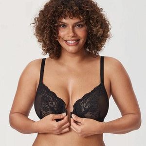 Close-up of floral lace overlay and scalloped neckline on molded full cup bra - MissFine