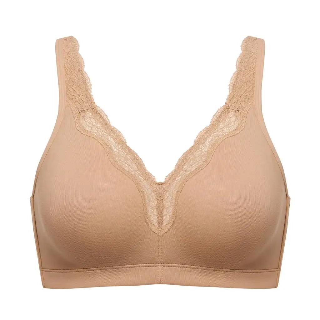Back view of cotton nude full cup bra with wide adjustable straps and hook-and-eye closure - MissFine