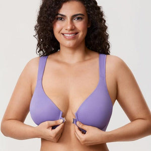Front view of purple molded cup bra with clear front clasp and full coverage fit - MissFine