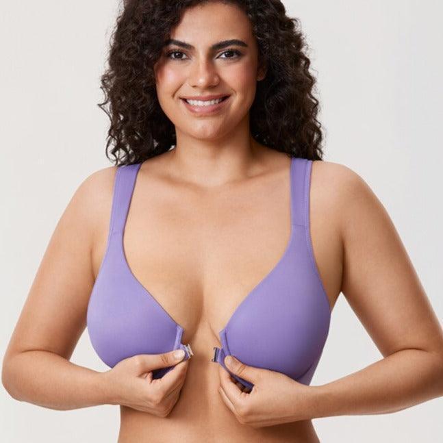 Front view of purple molded cup bra with clear front clasp and full coverage fit - MissFine