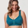 Front view of teal full coverage zip sports bra with wide straps and seamless cups - MissFine