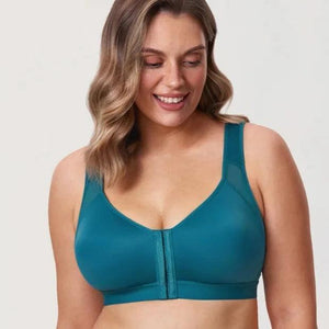 Front view of teal full coverage zip sports bra with wide straps and seamless cups - MissFine