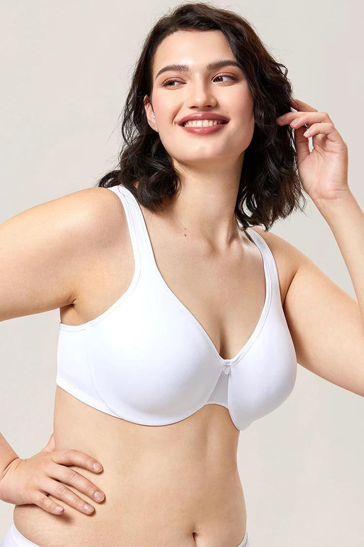 Side angle showing underwire shape and seamless molded cups in white minimiser bra - MissFine