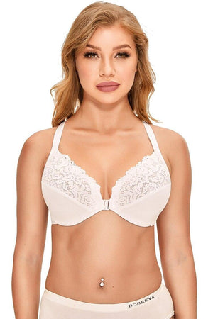 Close-up of white lace overlay on upper cups and smooth molded lower cups with front closure cotton bra- MissFine