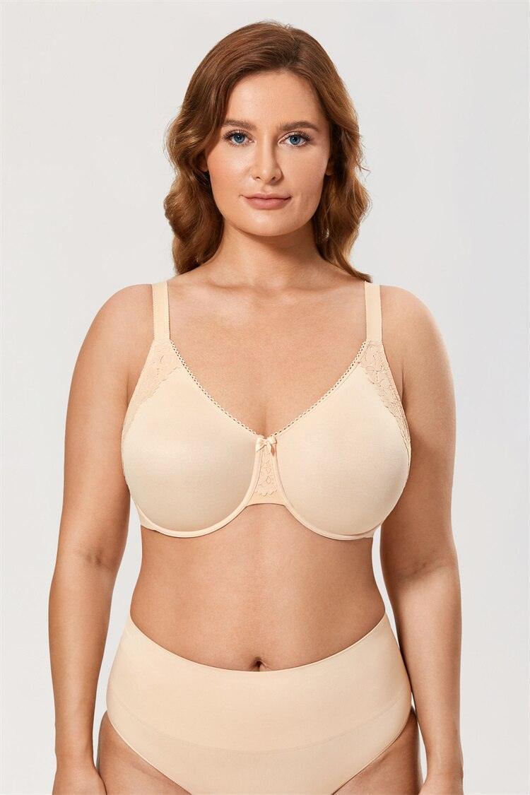 Close-up of lace trim and center gore bow on smooth molded cup nude bra - MissFine