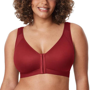 Front view of burgundy plus size front-zip full coverage bra with wide straps - MissFine