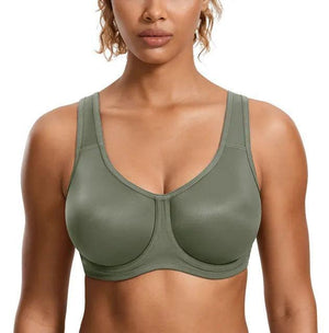 Side angle of green-gray plus size sports bra showing smooth molded cups and underwire support - MissFine