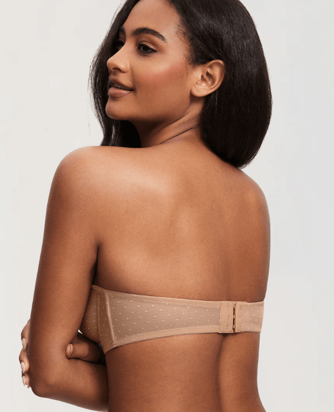 Back view of nude strapless bra with wide band and hook-and-eye back closure - MissFine
