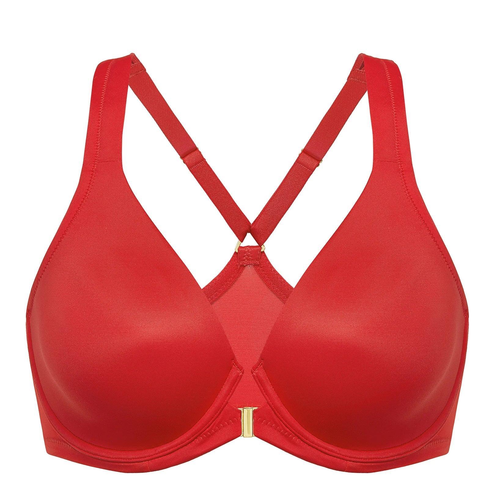 Close-up of gold front clasp and smooth molded cups on red bra - MissFine