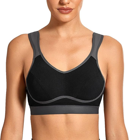 Front view of nude full cup wireless sports bra with molded cups and wide underband - MissFine