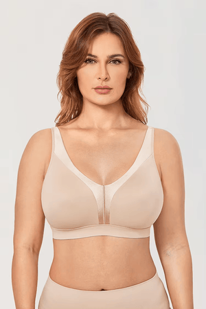Front view of plus size nude front closure bra with full coverage cups - MissFine