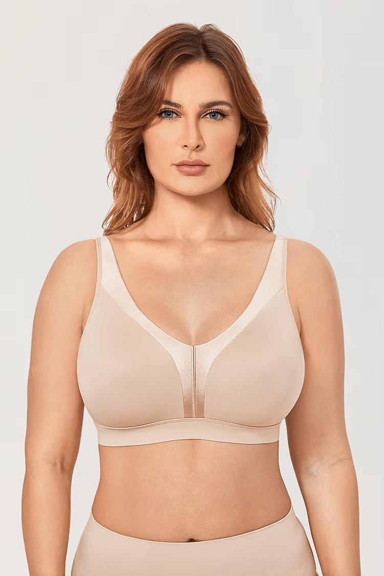 Front view of plus size nude front closure bra with full coverage cups - MissFine