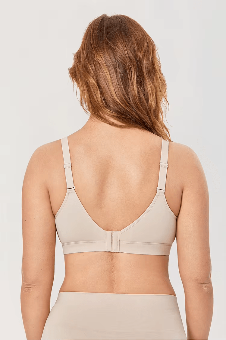 Back view of nude plus size bra showing wide band and adjustable straps - MissFine