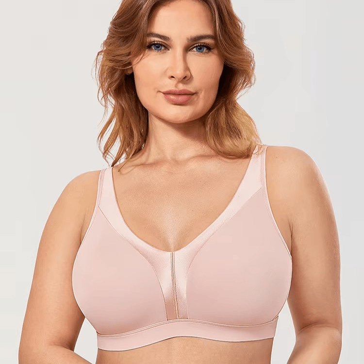 Front view baby pink minimiser bra with full coverage molded cups and wide band - MissFine