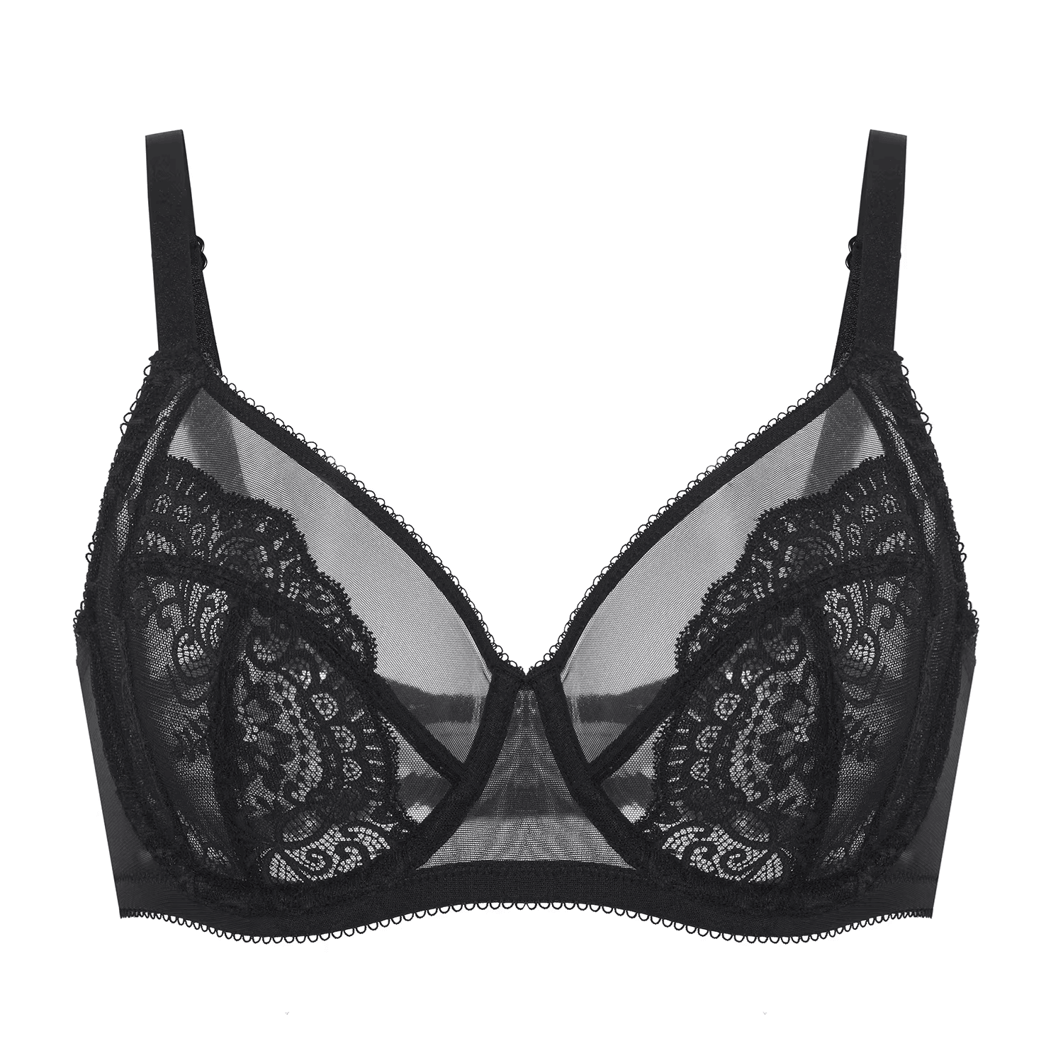 Close-up of black lace underwire bra with sheer mesh and floral embroidery on the cups - MissFine