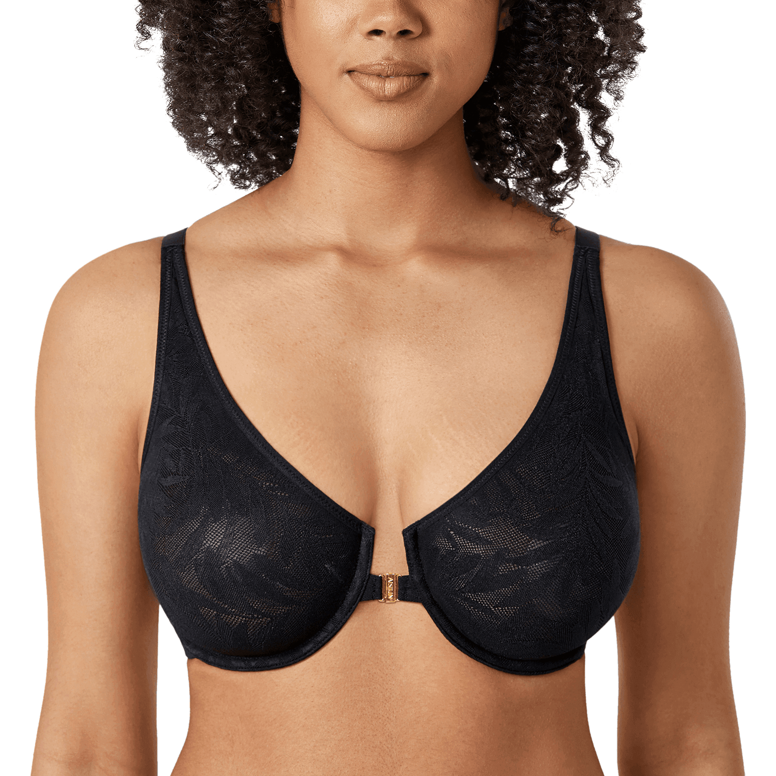 Side view of lace bra on model highlighting adjustable shoulder straps and smooth band fit - MissFine