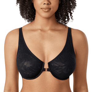 Side view of lace bra on model highlighting adjustable shoulder straps and smooth band fit - MissFine