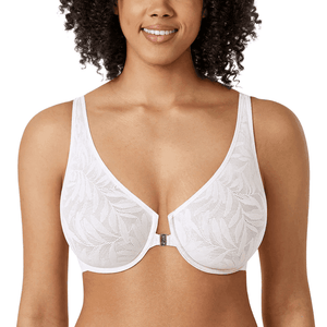 Front view of black lace full coverage bra with front clasp and underwire cups on model - MissFine