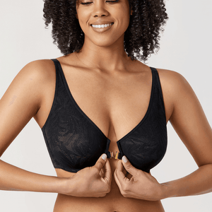 Front angle of white lace bra showing floral cups and metal front closure detail at center gore - MissFine