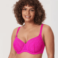 Front view of plus size pink bra with lace overlay and moulded padded full coverage cups - MissFine
