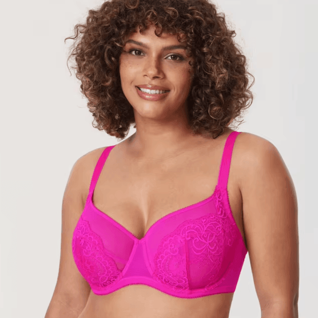 Front view of plus size pink bra with lace overlay and moulded padded full coverage cups - MissFine