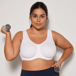 Front view of white full cup underwired sports bra with molded seamless cups and wide straps - MissFine