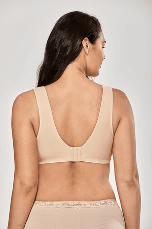 Back view of nude bra with smooth band and U-shaped back for full coverage - MissFine
