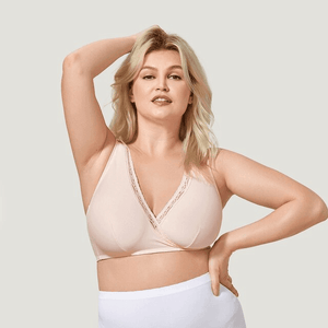 Side view showing wireless seamless cups and adjustable straps on nude bra - MissFine