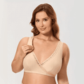Front view of nude full cup bra with wrap V-neckline and lace trim on mannequin - MissFine