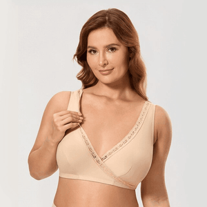 Front view of nude full cup bra with wrap V-neckline and lace trim on mannequin - MissFine