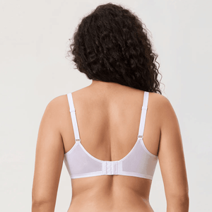 Back view of white bra showing hook-and-eye back closure and wide supportive band - MissFine