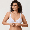 Front view of plus size white cotton front closure bra with lace upper cups and molded padding - MissFine